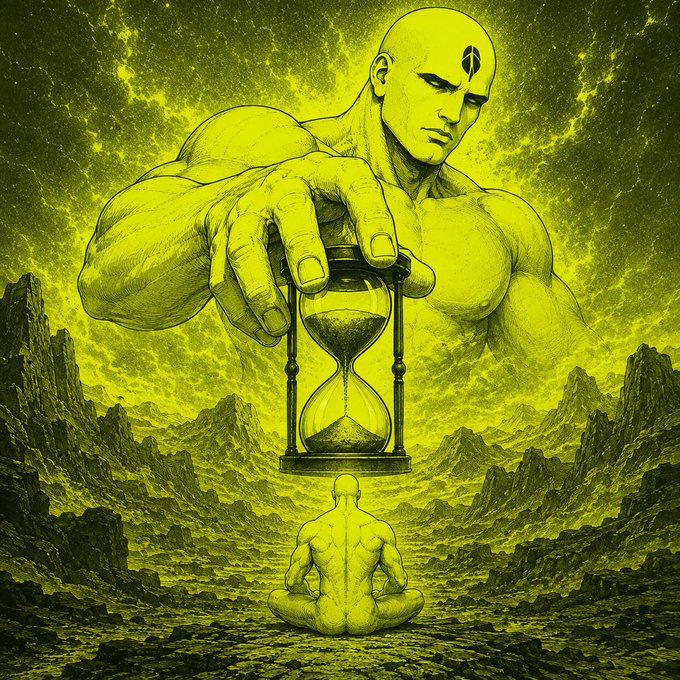 A colossal figure lowers an hourglass over his smaller seated self