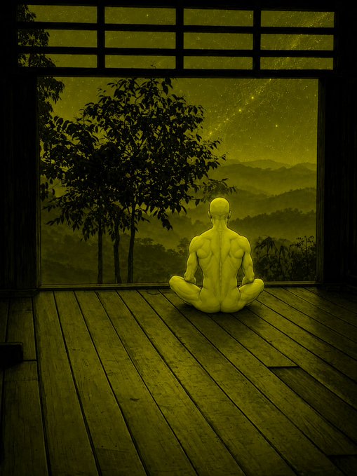 Seated in a wooden room, facing open doors and distant mountains