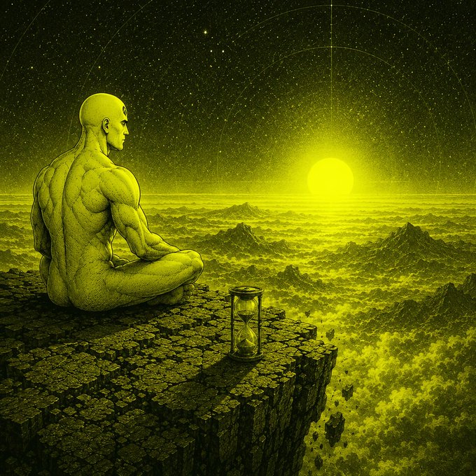 The Patient One meditating at a cliff edge beside an hourglass as the sun rises