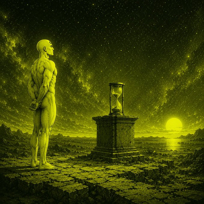Standing beside an hourglass mounted on a stone pedestal at sunset