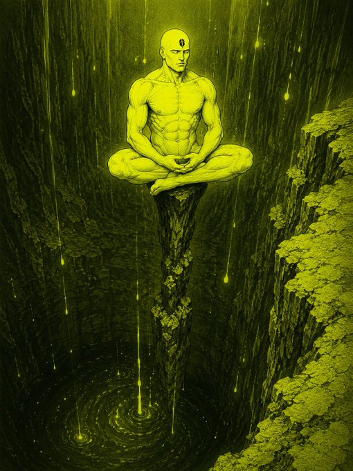 Meditating cross-legged atop a narrow pillar above a slow whirlpool