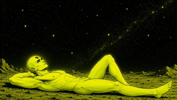The Patient One resting on the plain beneath a field of stars