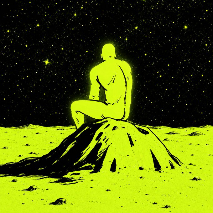 Seen from behind, the figure sits on a mound facing a dense starfield