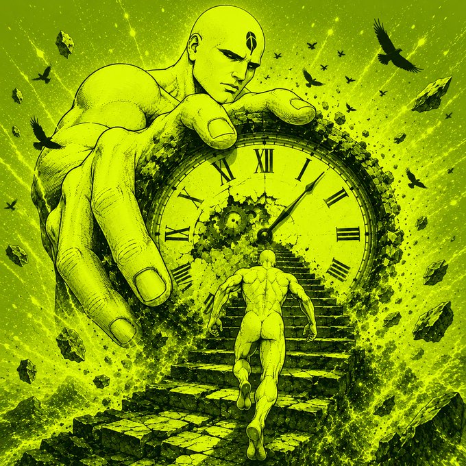 A hand rests on a shattering clock as a figure climbs the stairs