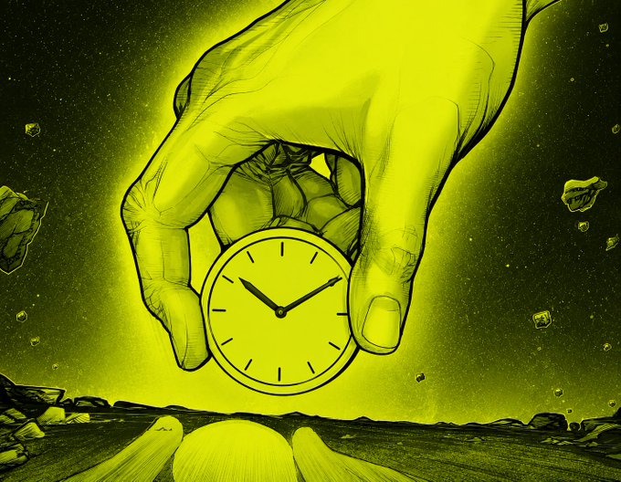 An enormous hand holds a pocket watch above an empty plain